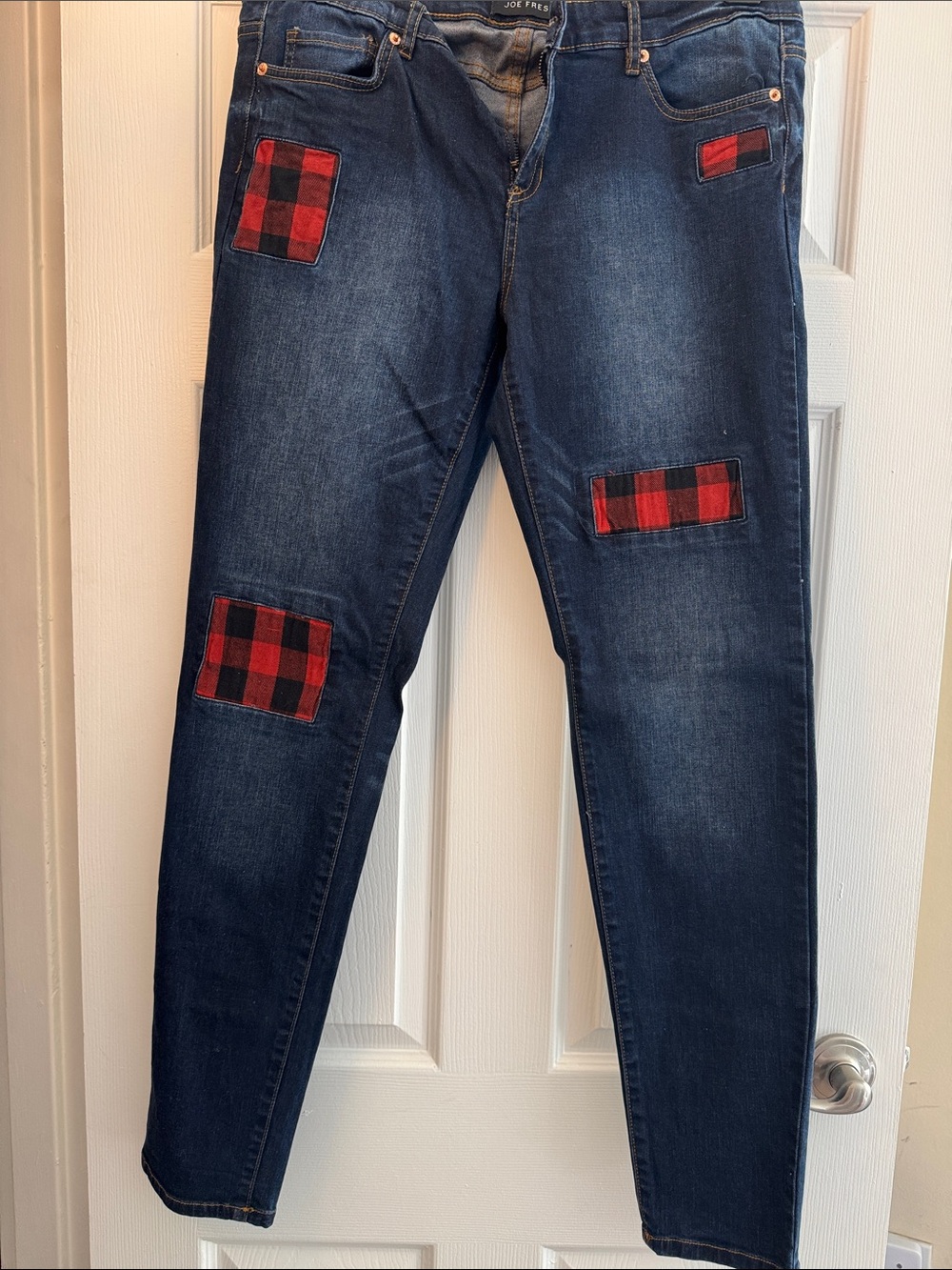 Joe Fresh Dark Blue Skinny Jeans with Red Plaid Patch Accents